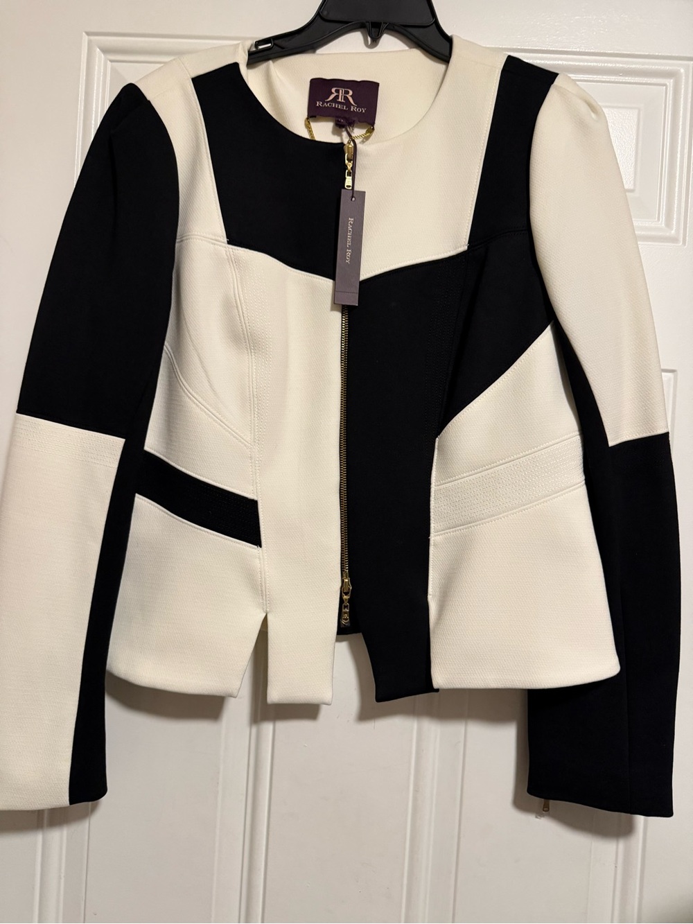 RACHEL Rachel Roy Black and White Colorblock Zip Blazer